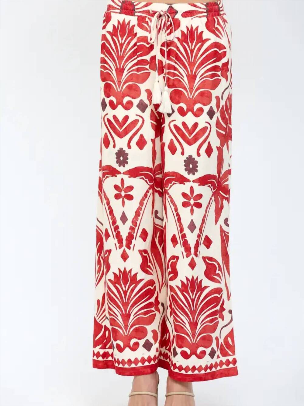 NEW FATE geometric flowy wide leg pants in red